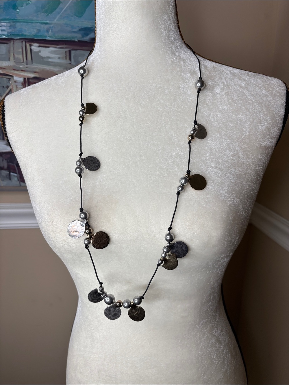 Chico's Black Cord Necklace with Silver and Dark Disc Accents